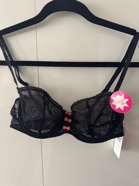 Black Lace Underwire Bra with Pink Bow Accents